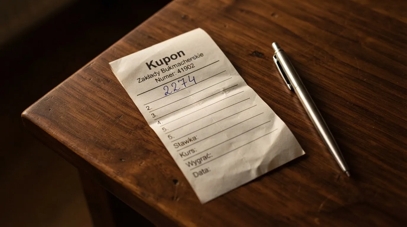 Pusty papierowy kupon zakładowy złożony na pół leży obok długopisu na ciemnym stole.